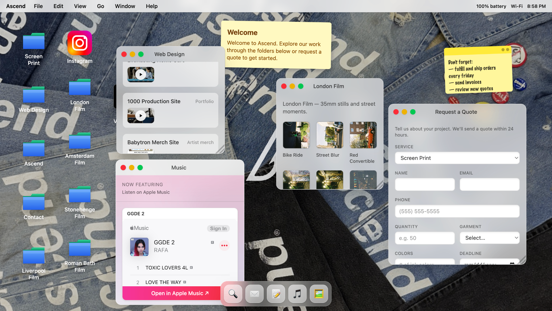 Desktop-style interactive portfolio site with draggable windows and folders